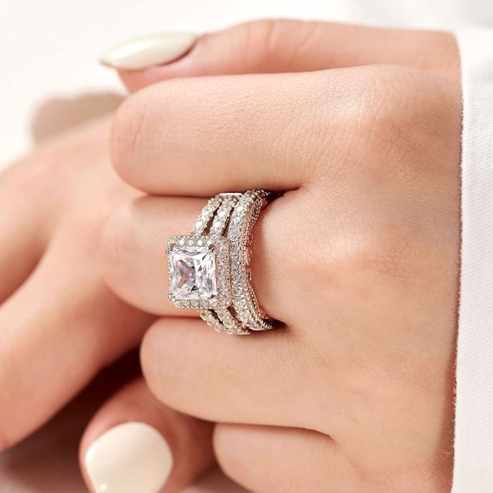 Wuziwen Princess Cut Engagement Rings for Women Sterling Silver Cubic Zirconia Wedding Bridal Ring Set