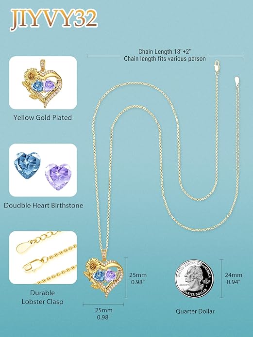 Sunflower Heart Necklace for Women 14K Gold Exquisite Valentines Day Anniversary Birthday Gifts for Wife Mother Her Double Birthstone Pendant Jewelry‘You Are My Sunshine’