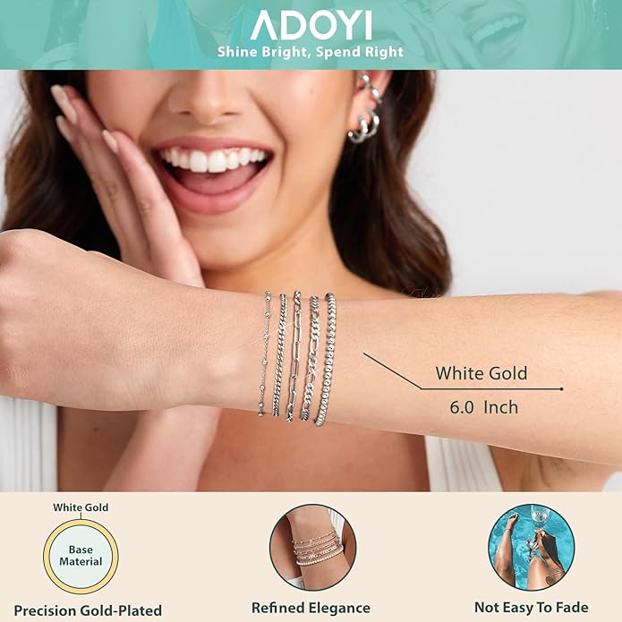 adoyi Valentines Day Gifts for Her Gold Bracelets for Women, 14K Gold Plated Stackable Bracelet Stack Set Adjustable Charm Paperclip Chain Cuban Link Layered Waterproof Jewelry Sets Gifts for Womens