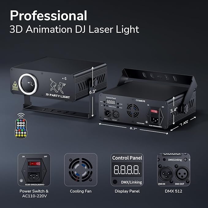 Ehaho DJ Laser Lights for Party, Hundreds of 3D Animation Laser Light Show Machine, DMX512 Music Sound Activated Laser Dance Light, RGB Beam Scanning Projector w/Remote Control for Indoor