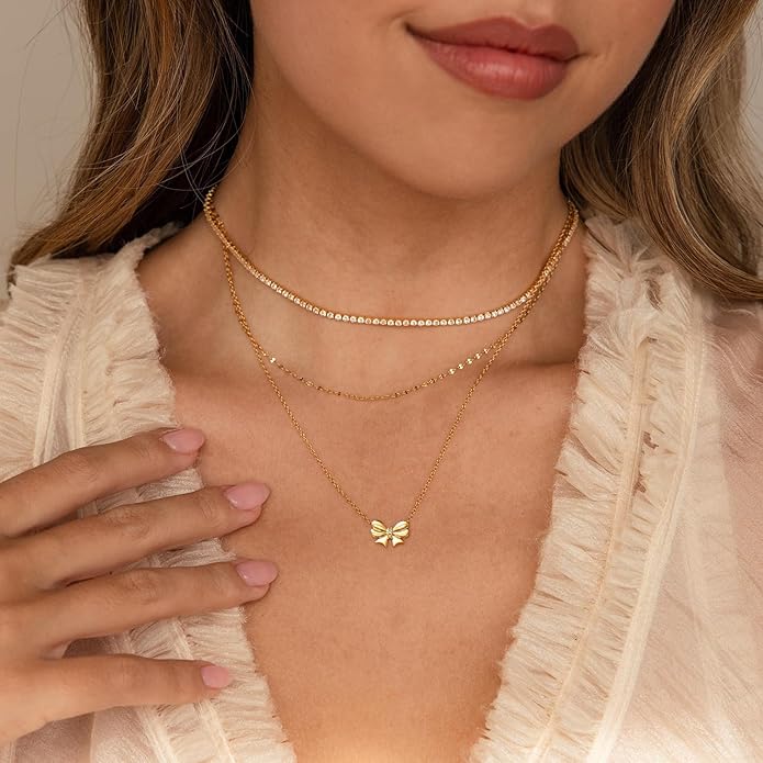 Valentines Day Gifts for Her - Dainty Bow Necklace for Women 14K Gold Plated Cute Choker Small Pendant Charm Necklaces Teen Gift Trendy Stuff Personalized Jewelry