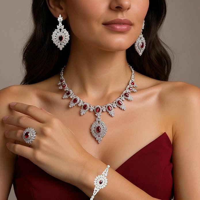 Rhinestone Wedding Bridal Jewelry Set Women's Prom-Style Necklace, Earrings, Bracelet, Ring Bridesmaid Gift Pairs with Evening Gown