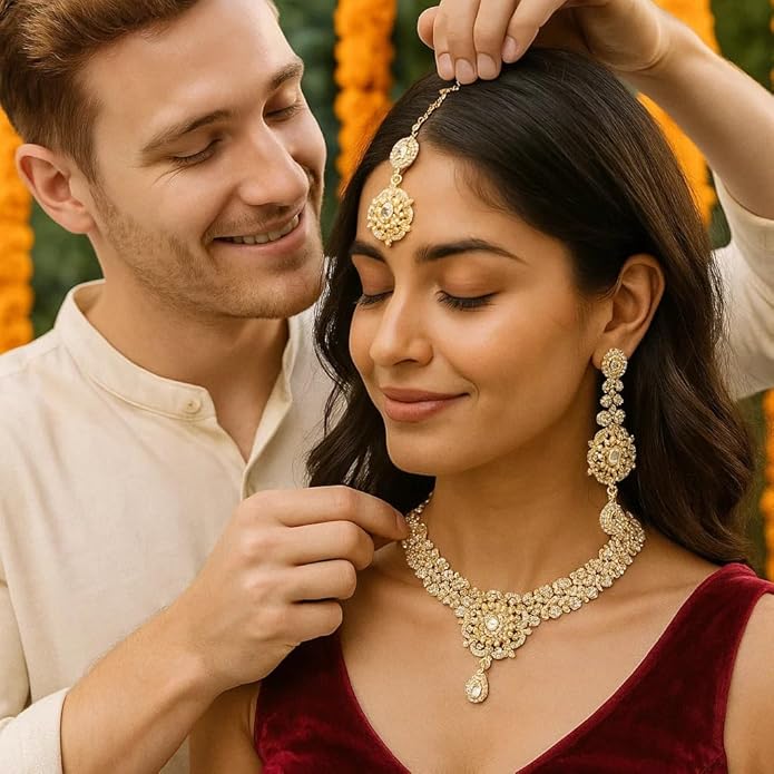 Touchstone Indian jewelry sets for women gold wedding tikka necklace set guest costume fancy bridal jewellery rhinestone crystal elegant formal prom evening wear dainty accessories