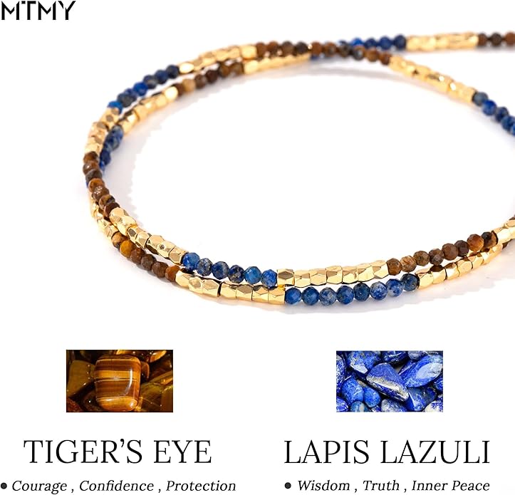 MTMY Beaded Gemstone Choker Necklace for Women, 14K Gold Plated Boho Colorful Natural Stone Bead Chain Necklace Summer Beach Handmade Jewelry
