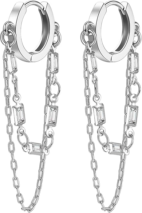 Tassel Chain Small Gold Hoop Dangle Earring For Women Huggie Earring Heart Star CZ 14K Gold Plated Fashion Jewelry Friendship Gift