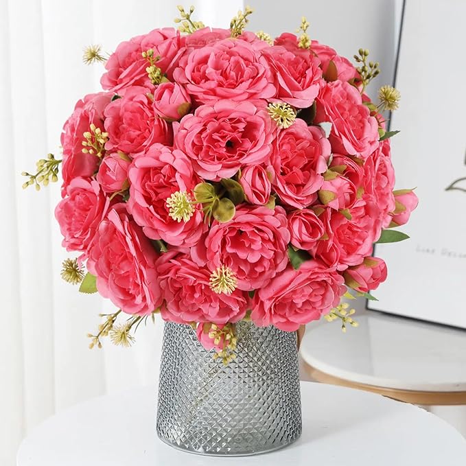 12 Packs Artificial Peonies Silk Flowers: Faux Peony Bouquet 12 Bundles, Fake Peonies Flowers Bulk for Centerpiece Table Wedding Party Home Decor for Vase Decoration (Rose Red)