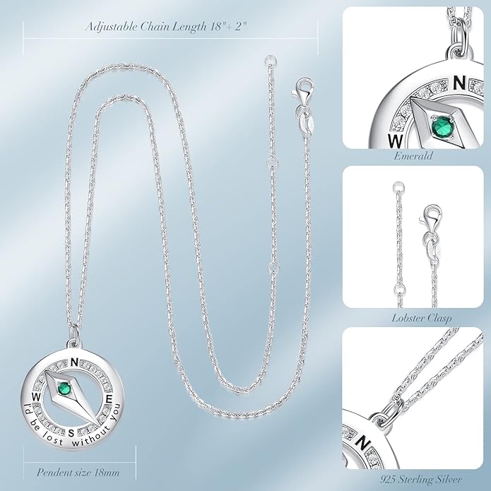 FANCIME Sterling Silver Compass Birthstone Necklaces Fine Jewelry Anniversary Birthday Gifts for Women Her Wife Mom