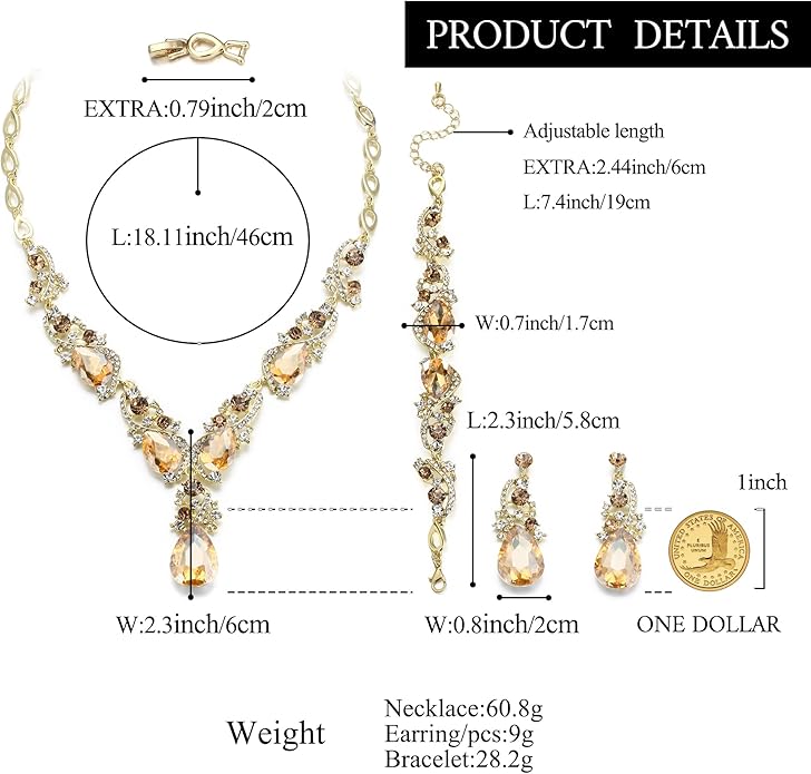 BriLove Wedding Bridal Jewelry for Women Multi Teardrop Cluster Crystal Statement Necklace Dangle Earrings Link Bracelet Set
