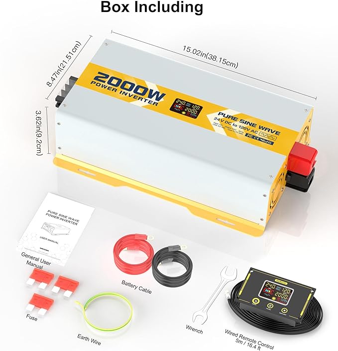 XWJNE 2000W Pure Sine Wave Power Inverter 24V DC to 120V GFCI AC Converter with LCD Display and Remote for Home, RV, Truck, Off-Grid Solar Power