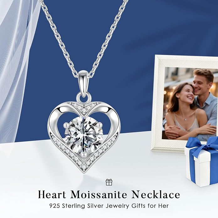 MOOSEA Valentines Day Gifts for Her - 925 Sterling Silver Heart Moissanite Pendant Necklace 1-3 Carat VVS1 Clarity Moissanite, Anniversary Birthday Gift for Women Mom Wife Girlfriend