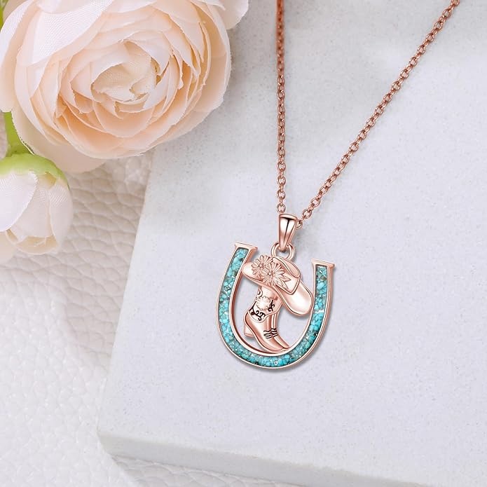 Western Cowboy Necklace 925 Sterling Silver Horseshoe Pendant Western Jewelry Cowgirl Gifts for Women Girlfriend Cowboy Cowgirl