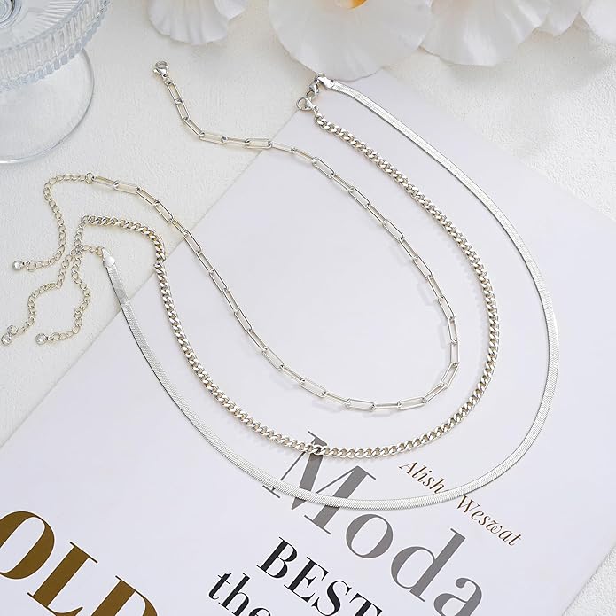 Gold Layered Necklaces for Women, 14K Gold Plated Dainty Gold Chain Choker Necklace Stack, Herringbone Gold Necklaces Set