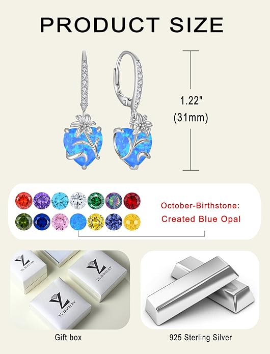 YL Heart Dangle Earrings for Women Sterling Silver Lily Flower Leverback Earrings Created Opal Flower Jewelry