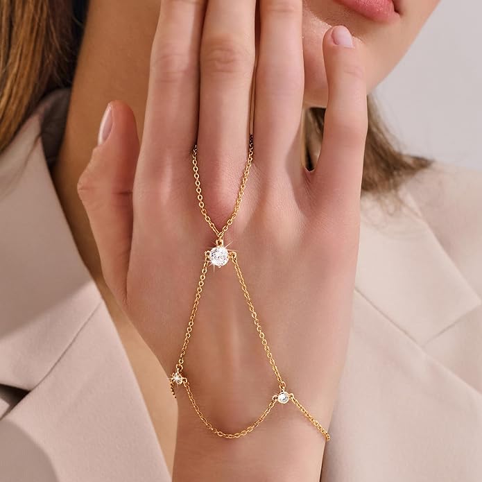 YOIHUR Champagne Gold Plated Hand Chains for Women, Adjustable Hand Chain Bracelet and Ring, Gold Hand Chain Bracelets Stack Jewellery Stars and Cubic Zirconia Hand Jewelry for Valentine's Day