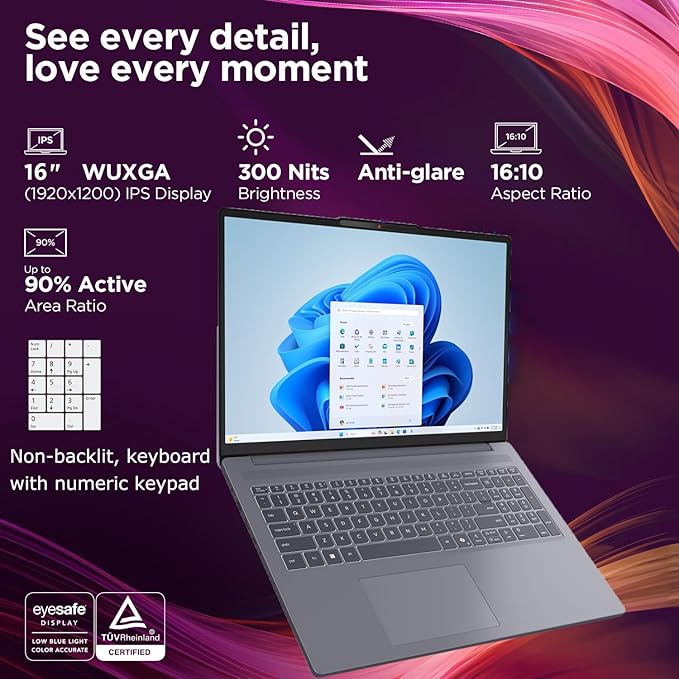 Lenovo Laptop Computer for Home Student Business, IdeaPad Slim 3, Intel i7-13620H (Beat Ultra 7 255U), 16GB DDR5 RAM, 256GB PCIe SSD, 16" FHD+, WiFi 6, Type-C, HDMI, Luna Grey, Windows 11 Pro, Wendbo