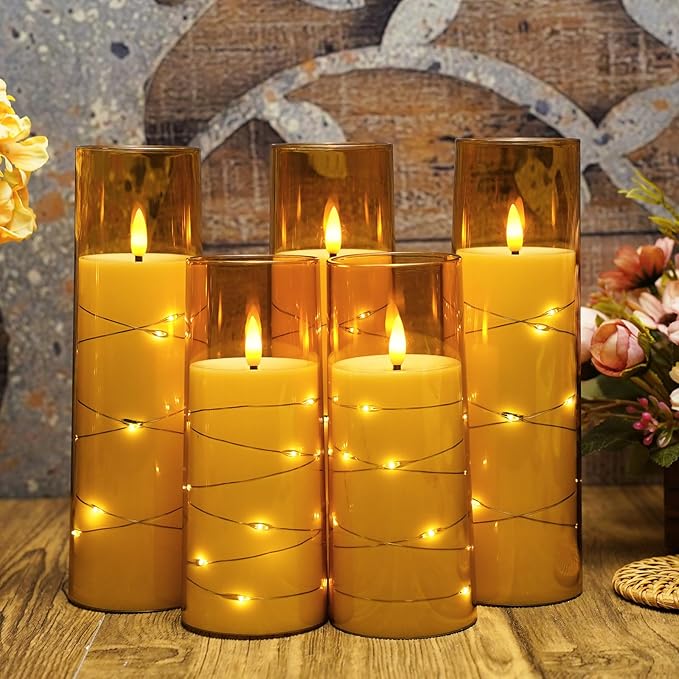 Flameless Candles with Embedded Star String, Battery Operated LED Pillar Candles with Timer and Remote Control,Home Decorating for Ambiance， Set of 7 (Gold)