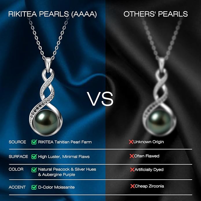 Genuine Tahitian Black Pearl Necklaces for Women, 9-12mm AAAA Seawater Pearl - Sterling Silver Moissanite Pendant, Wedding Anniversary, Birthday, Christmas Gift for Wife, Mom, Girlfriend, Fine Jewelry