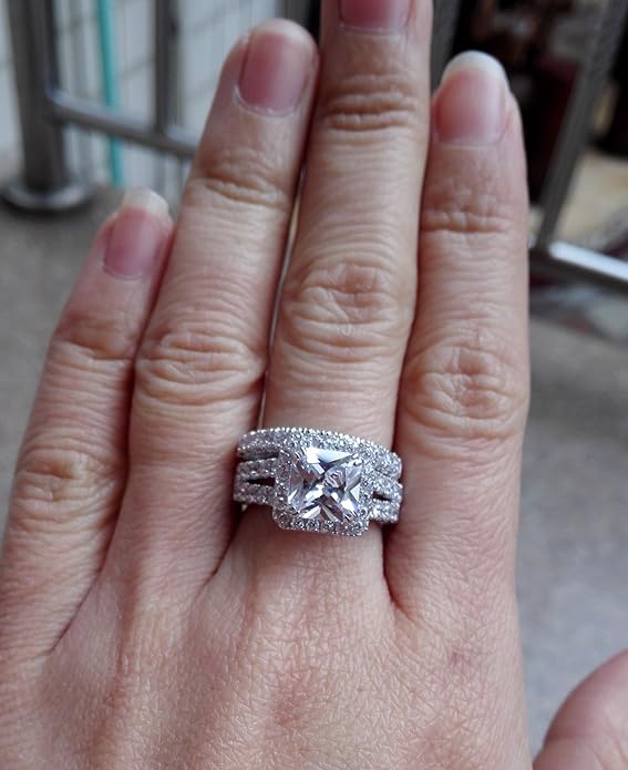 Wuziwen Princess Cut Engagement Rings for Women Sterling Silver Cubic Zirconia Wedding Bridal Ring Set