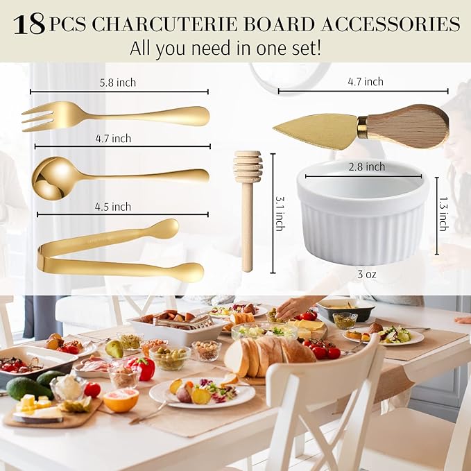 18 PCs Charcuterie Board Accessories Utensils, Cheese Knife Set, Charcuterie Bowls, Cheese Markers for Charcuterie Board, Mini Serving Tongs Spoons and Forks Honey Dipper for Pastry Wedding Party