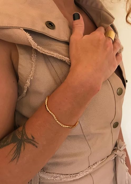 PERNNLA PEARL Dainty Gold Bar Bracelet for Women Simple Delicate Thin Cuff Bangle Hook Bracelet 18K Gold Plated Handmade Minimalist Jewelry