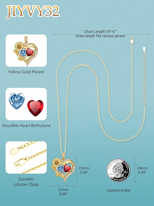 Sunflower Heart Necklace for Women 14K Gold Exquisite Valentines Day Anniversary Birthday Gifts for Wife Mother Her Double Birthstone Pendant Jewelry‘You Are My Sunshine’