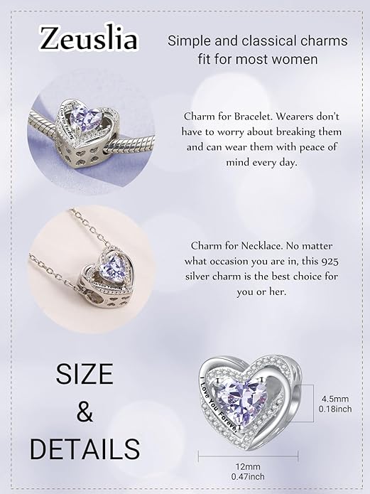 Heart Birthstone Charms for Bracelets, 925 Sterling Silver Women Bead Charms for Charm Bracelets Necklace, Mother's Day Birthday Anniversary Jewelry Gifts for Wife Mom Grandma Daughter
