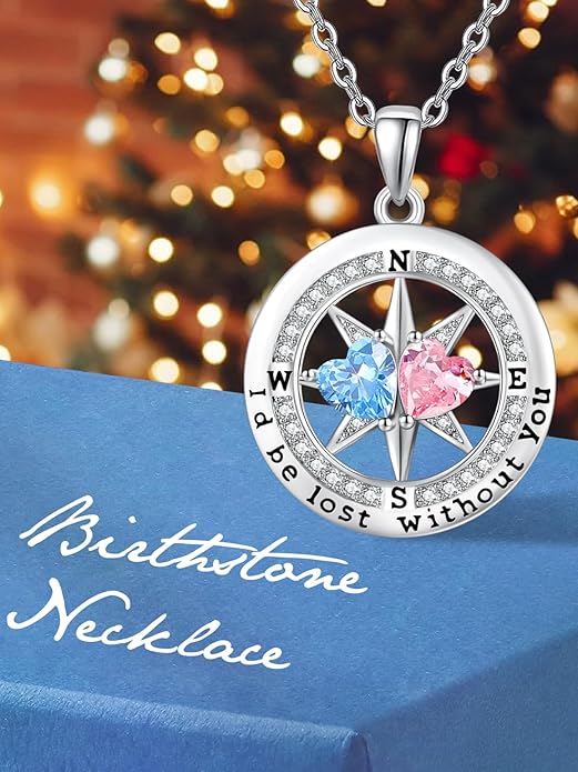 Compass Necklace for Women, Exquisite S925 Valentines Day Anniversary Birthday Gifts for Wife Her Double Birthstone Pendant Jewelry ‘I'd be Lost Without You’