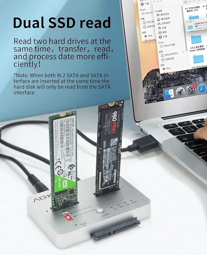 AOKO M.2 NVMe to M.2 SATA and 2.5”/3.5” SSD/HDD Clone Docking Station, USB-C 10Gbps Hard Drive Reader & Two-Way Offline Cloning Dock for M.2 SATA NVMe SSD +2.5/3.5 SATA Hard Drive Duplicator