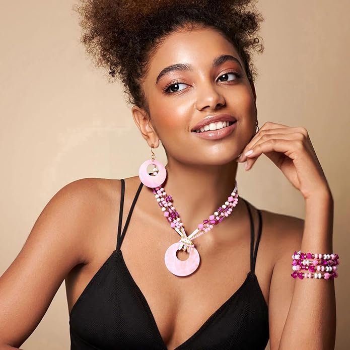 Jewelry Sets for Women 4 Pcs Chunky Beaded Mrs Roper Costume Jewelry for Women Boho Multi Strand Colorful Shell Necklace for Women