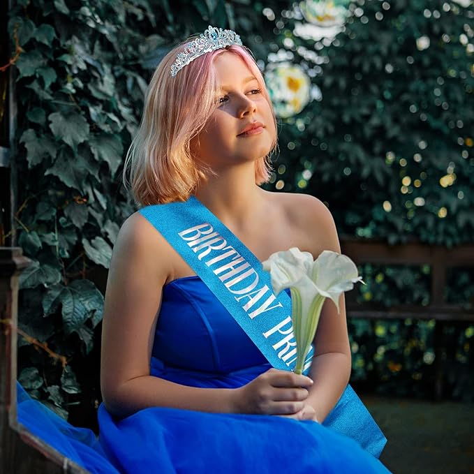 CIEHER Princess Crown and Sash Set, Blue Birthday Crown and Tiara for Girls and Women, Happy Birthday Accessories