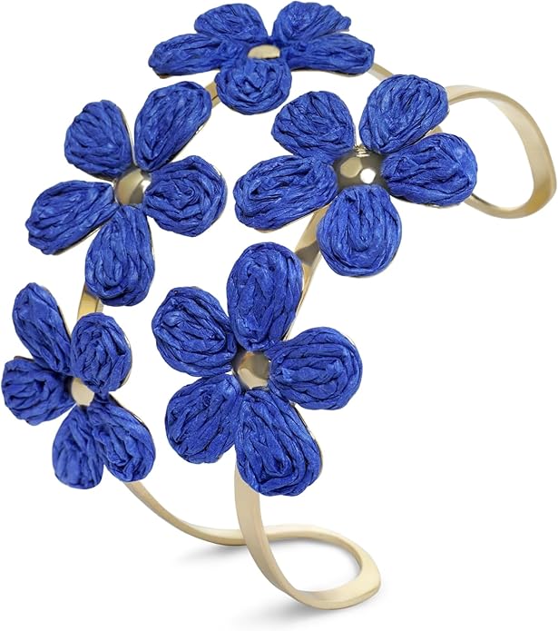 Raffia Flower Cuff Bangle Bracelet for Women, Adjustable Boho Floral Wide Open Bangle for Summer Beach, Handmade Trendy Rattan Jewelry