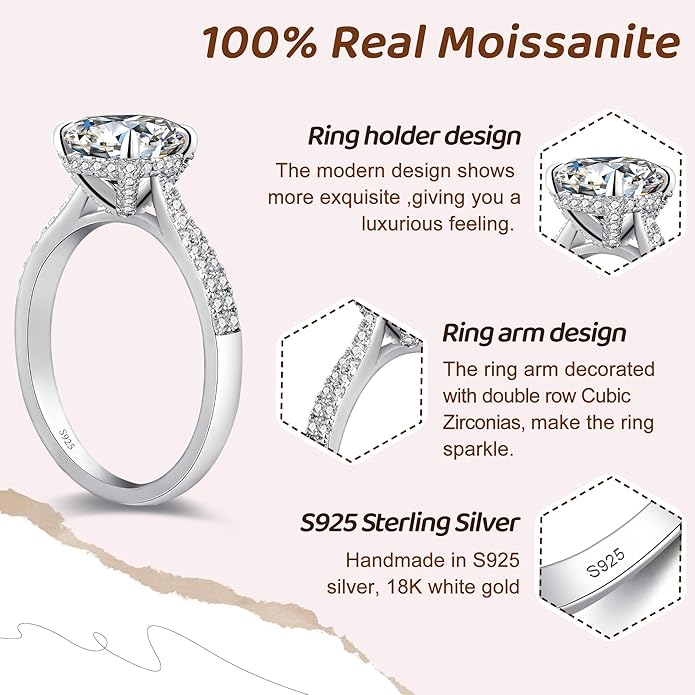 Moissanite Engagement Rings for Women,Promise Rings 925 Sterling Silver with 18K Yellow/White Gold Plated,D Color VVS1 Wedding Band Moissanite Ring 0.5/1/1.5/2/3/4CT