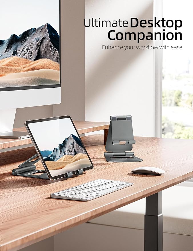 Nulaxy Aluminum Dual Foldable iPad Stand, Fully Adjustable Desktop Tablet Holder, Tablet Accessories for Office Kindle Compatible with Mobile Devices iPad Pro/Air/Mini, iPhone Pro/Max/Plus, Gray