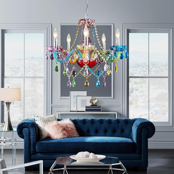 Saint Mossi Modern Colorful K9 Crystal Chandelier with 5 Lights, Contemporary Pendant Ceiling Lighting Fixture for Dining Room,Bedroom,Living Room,H19 x W19 with Adjustable Chain