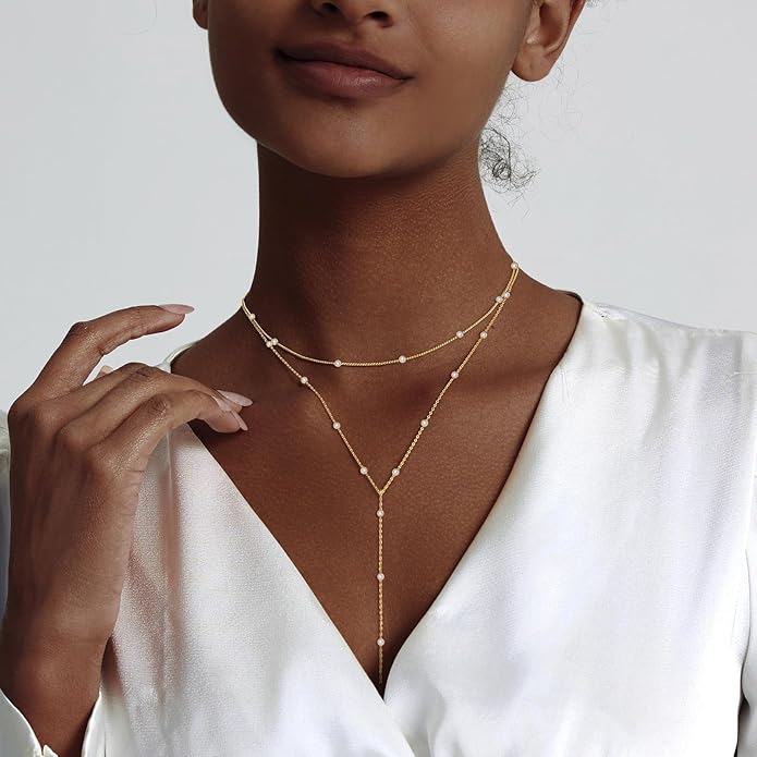 Lariat Gold Necklace for Women, Dainty Long Necklace 14k Gold Plated/Silver Y-Shaped Layered Beaded Chain Drop Necklaces for Women Trendy Simple Gold Jewelry for Women Gifts