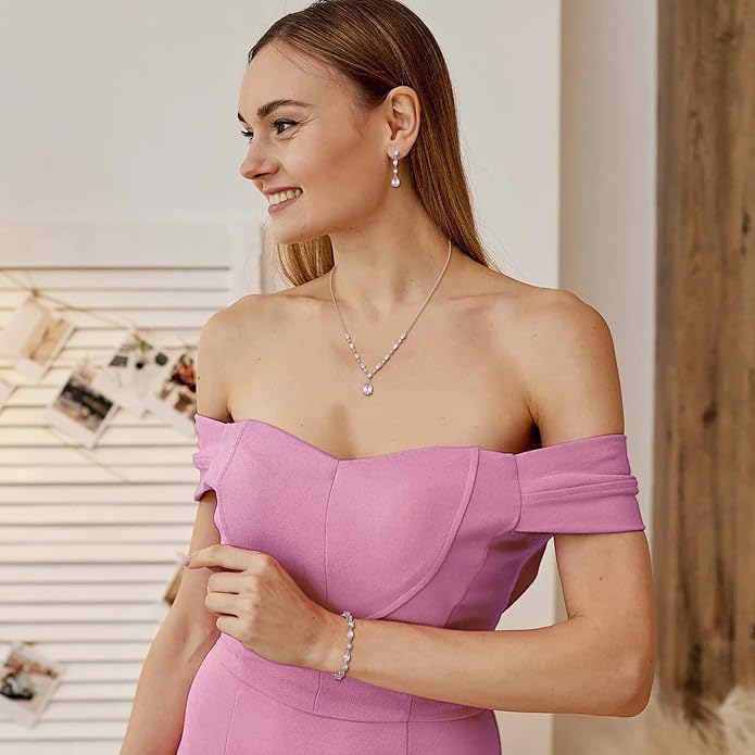 Crysdue Teardrop Bridal Jewelry Set for Wedding Party, Silver/14K/Rose Gold Plated Prom Costume Jewellery for Bride Bridesmaids Women, Cubic Zirconia Necklace Dangle Earrings Bracelet