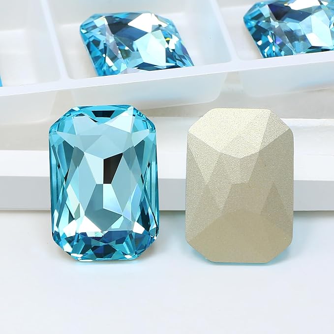 8Pcs Octagon Crystal Pointback Rhinestones,27 * 18.5mm Large Glass Rhinestones Gem Stones for Crafts Dress Shoes Jewelry Making，Light Lake Blue