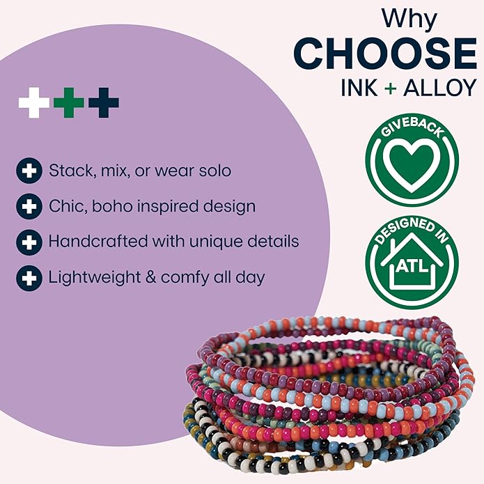 INK + ALLOY 10-Strand Stacking Beaded Bracelets for Women – Mixed Patterns Bracelet Stack - Adjustable Stretch Fit - Handmade Boho Bracelets for Women - Perfect for Any Occasion
