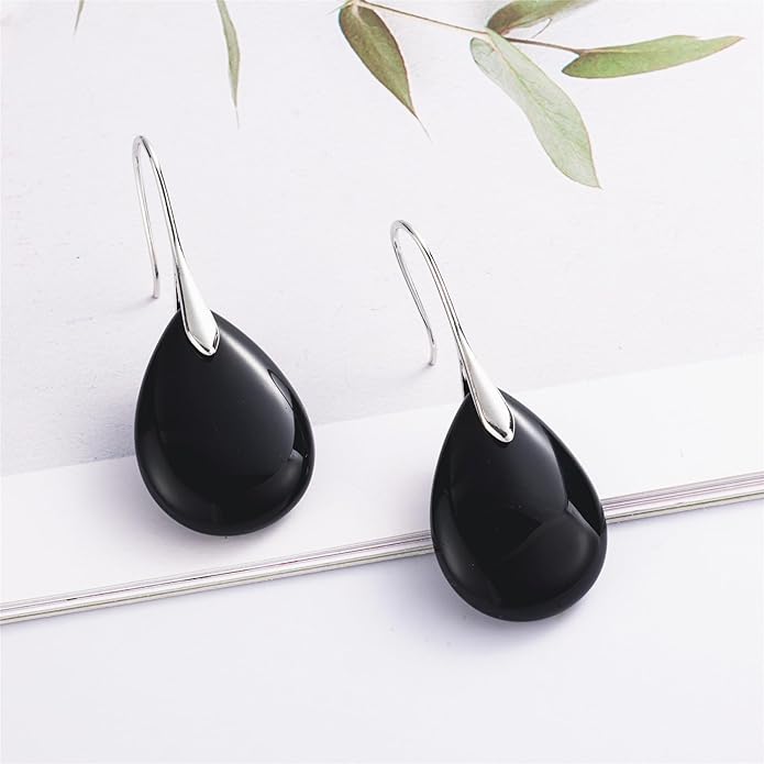 SELOVO Agate Teardrop Stone Grey Drop Earrings Fishhook Dangle Earrings for Women