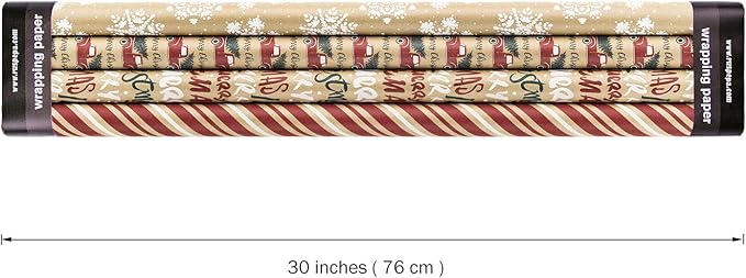 RUSPEPA Wrapping Paper, Kraft Paper - Snowflakes, Car and Christmas Tree, Stripes and Merry Christmas - 4 Rolls - 30 inches x 10 feet per Roll