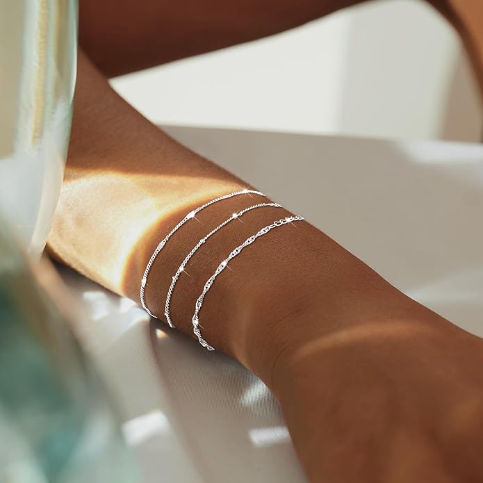 DEARMAY Dainty Silver Plated Bracelets for Women Trendy, Silver Jewelry Set for Women Bracelets for Women Paperclip Box Herringbone Figaro Rope Chain Bracelet Fashion Pack Gifts for Women