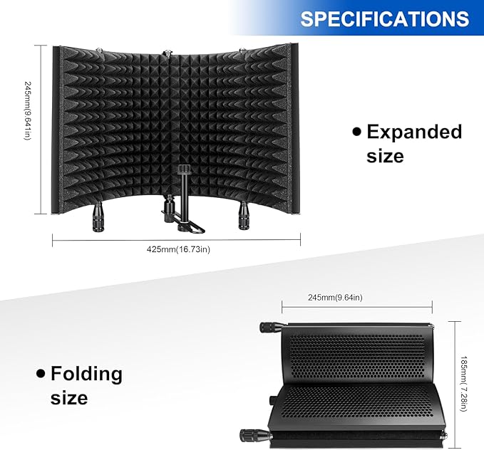 Aokeo Studio Recording Microphone Isolation Shield, Pop Filter.High density absorbent foam is used to filter vocal. Suitable for blue yeti and any condenser microphone recording equipment