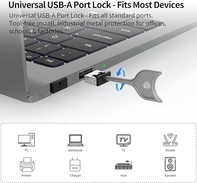 12PCS USB Metal Port Lock Blocker with 1 Key - Secure USB-A Port Protector for PC/Laptop, Anti-Theft Data Security Lock, Dust & Moisture Proof Cover, Removable Type-A Connector Black
