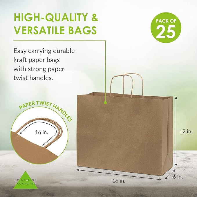 Prime Line Packaging Brown Paper Bags with Handles, Large Kraft Gift Bags for Small Business, Shopping, Retail Store, Boutique, Grocery, Bulk, 16x6x12, 25 Pack