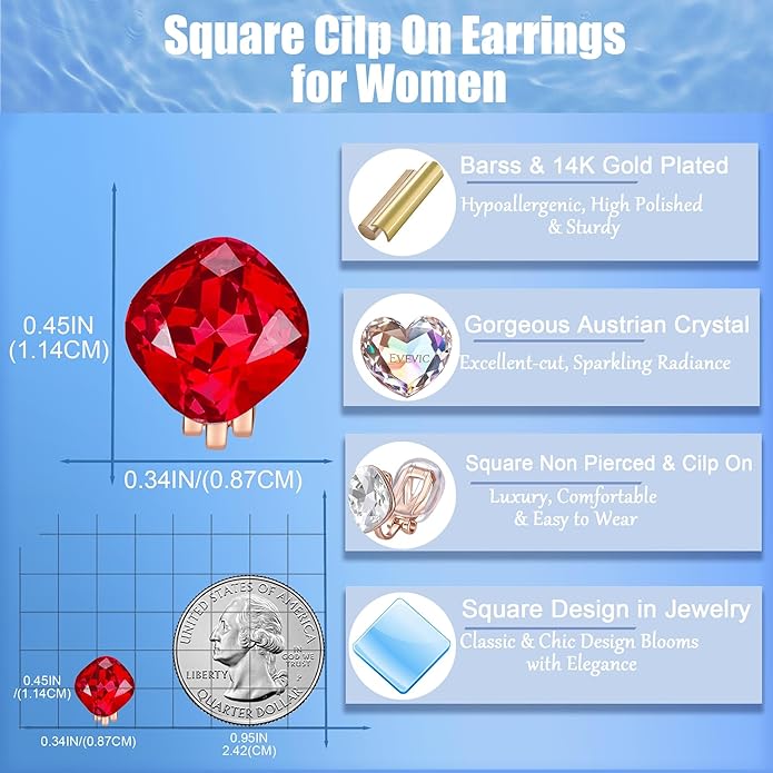 EVEVIC Austrian Crystal Square Cilp On Earrings for Women 14K Gold Plated Non Pierced for Sensitive Ears Jewelry Gifts for Anniversary