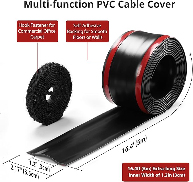 16.4ft Cord Cover Floor, Soft PVC Cord Covers for Wires on Floor, Self-Adhesive Floor Cable Cover Cord Hider, Floor Cable Management Cable Protector for Commercial Office Carpet/Floors/Wall Black