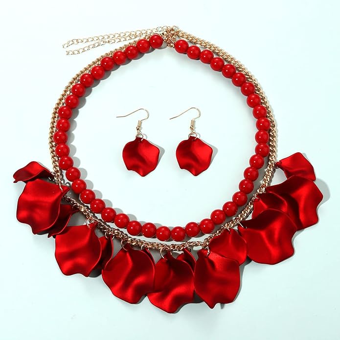 Flower Petal Necklace Earrings Set Layered Statement Beaded Jewelry Set for Women Summer Necklace Earrings