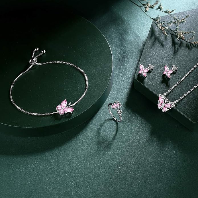 925 Sterling Silver Birthstone Butterfly Jewelry Women Crystal Animal Cute Butterflies Birthday Necklace/Earring/Ring/Bracelet Sets Birth Stone Statement Anniversary Jewellery