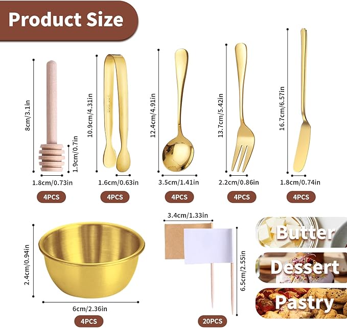 Gold Charcuterie Boards Accessories(26 PCS), Gift Box Packaging, With Ceramic Dip Bowls, Wooden Handle Cheese Spreader Butter Knive Set, Mini Tongs, Spoons, Forks,Honey Dipper, Cocktail Picks