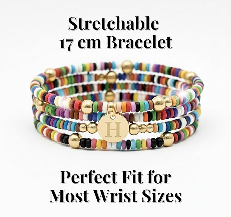 Set of 4 Colorful Bead Initial Bracelets, Personalized Stackable Jewelry, Adjustable Stretchy Charm Bracelets for Women, Beaded Bracelet Set, Trendy Custom Jewelry Gift